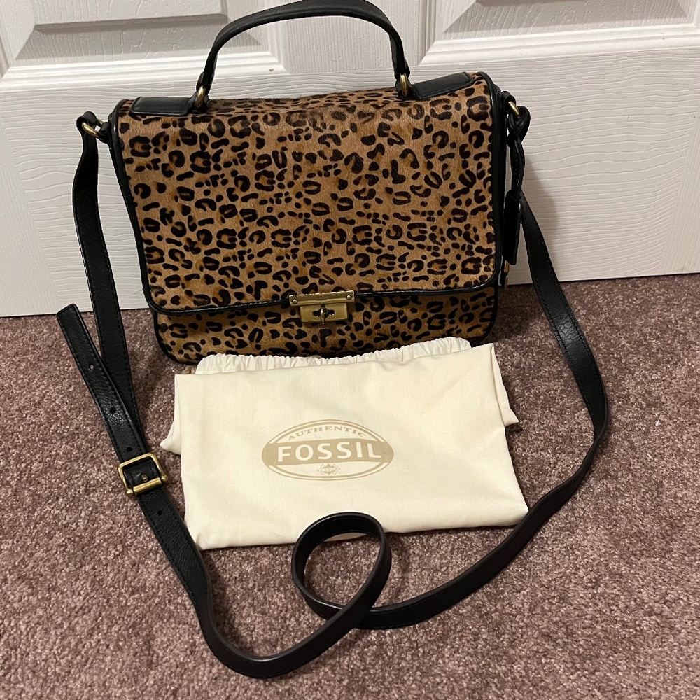 Fossil Leopard Calf Hair and Black Leather Satchel